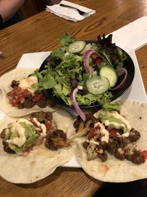 Cauliflower Tacos with Side Salad  at Rooster Fish Brewing Pub in Watkins Glen