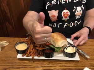 Beyond Burger with Sweet Potato Fries  at Rooster Fish Brewing Pub in Watkins Glen