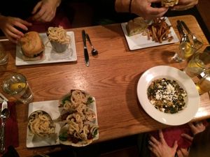 entrees - spot those legendary tacos with onion rings at Rooster Fish Brewing Pub in Watkins Glen