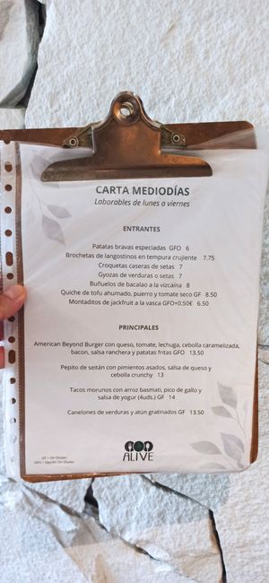 Carta mediodías at Alive in Barcelona
