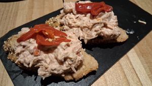Montadito of jackfruit in white tartare sauce at Alive in Barcelona