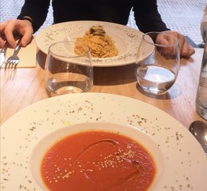 Pasta (back) and tomato soup (front) from the daily menu at Alive in Barcelona