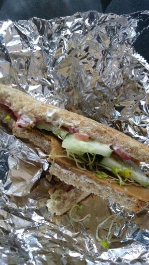 seitan breakfast sandwich with vegan cream cheese at Glen Mountain Market in Watkins Glen
