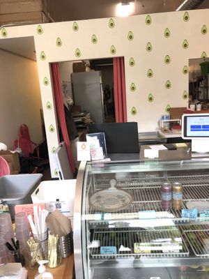 Pictured is the interior of the cafe. Note that the fridge was out of order.  at Tiny Moreso in Portland