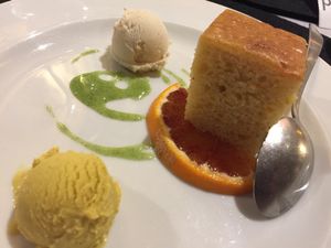 Orange sponge cake with two kinds of sorbets at V-mOnd in Thun