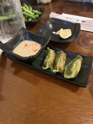 Gyoza (originally 5 per portion) and edamame.   at Hinodeya Ramen in San Francisco