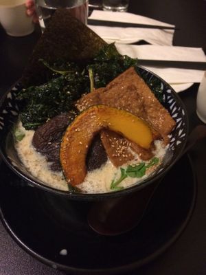 Soy milk ramen with fried kale  at Hinodeya Ramen in San Francisco