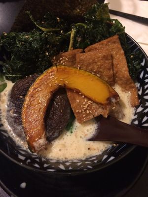 Vegan Soy milk ramen with spinach noodles at Hinodeya Ramen in San Francisco