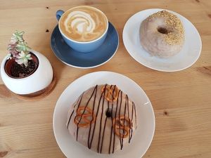 Donuts! 
peanut butter banana and peanut butter pretzel at Dough Society in East London