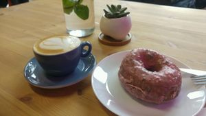 strawberry basil donut, flat white at Dough Society in East London