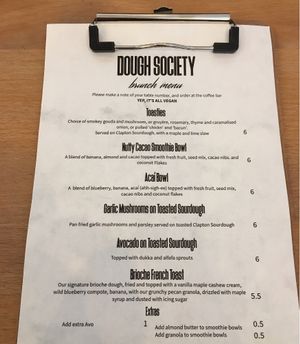 Brunch menu May 2018 at Dough Society in East London