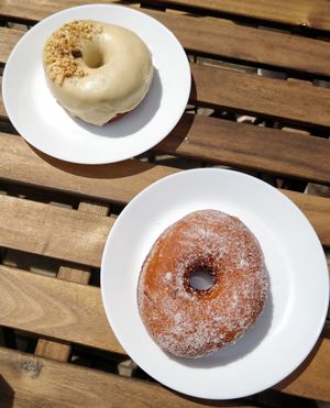 Coffee nut and Jam & Custard doughnuts at Dough Society in East London