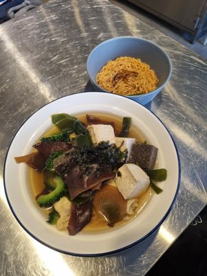 Medicinal herbal soup and capellini noodles to accompany the ingredients chosen at Xiǎng Shū ZhíRén 饗蔬職人- VegesM - North District - Maybe closed in Taichung