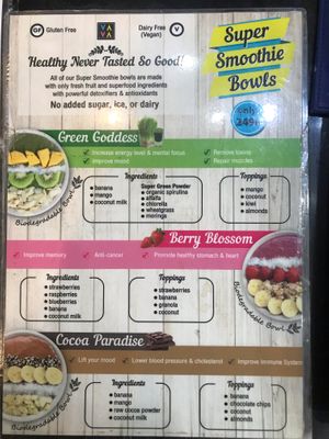 Smoothie bowl menu - all vegan  at USM - VAVA Frozen Yogurt in Koh Samui