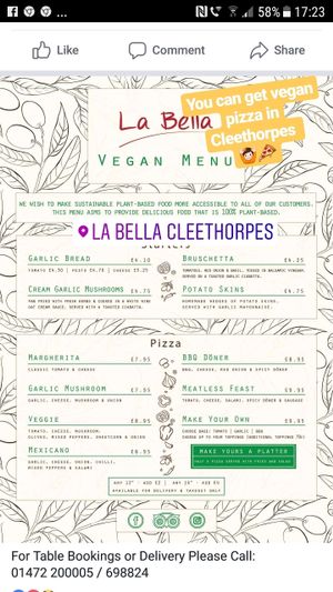 vegan menu at La Bella in Cleethorpes