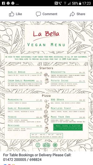 Vegan menu at La Bella in Cleethorpes