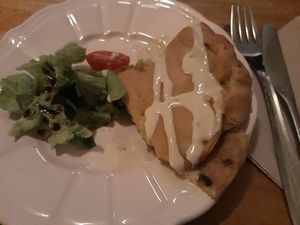 Menu del dia / 1st course / aubergine empanada at La Cabra en el Tejado in Madrid