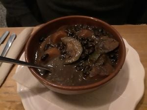 Menu del dia / 1st course / black beans stew at La Cabra en el Tejado in Madrid
