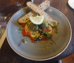 ROASTED CHICKPEA & CARROT FALAFEL:
Creamy hummus, roasted red pepper & olive tapenade & ciabatta at The Merlin in Alderley Edge