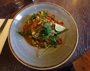 SWEET POTATO MASSAMAN CURRY with
sticky jasmine rice, green beans, spring onion & red chilli at The Merlin in Alderley Edge