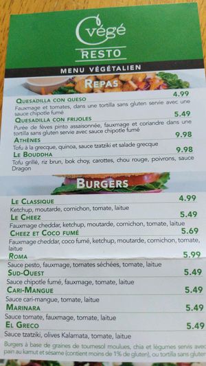 Cvégé menu (repas/burger) at Cvege Resto in Sainte-therese