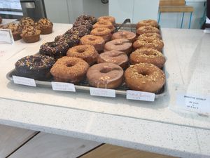 Doughtnut selection (1/16/18). Left to right: chocolate sprinkles, toasted coconut, earl grey and peanut butter. Vegan labeling and prices. at The Sweet Praxis in Syracuse
