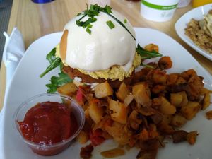 Croque madame on brioche bun at The Sweet Praxis in Syracuse
