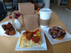 vegan foccacia, donut, donut holes, coffee at The Sweet Praxis in Syracuse