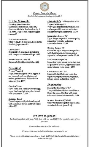 Vegan brunch menu as of 3/8/2020 at Terry's Terrace in Harrison Charter Township