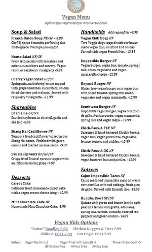 Vegan menu as of 3/8/2020 at Terry's Terrace in Harrison Charter Township