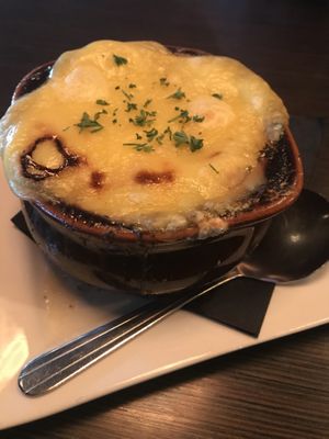 Vegan French onion soup. It’s fantastic 😍 at Terry's Terrace in Harrison Charter Township