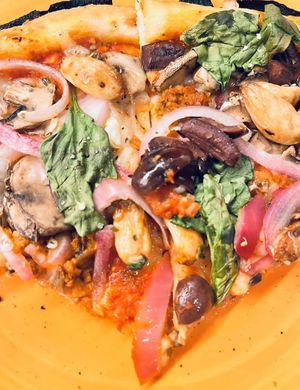 BYO with spicy red sauce, vegan cheese vegan chorizo, extra mushroom, extra onion, Kalamata olives, spinach and garlic. at Blaze Pizza - Town Center in Jacksonville