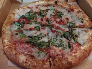 Vegan cheese, spinach, and sun dried tomato at Tomato Bar Pizza Bakery in Valparaiso