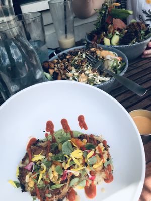 Vegan crab cakes, Bahn mi bowl, and Bonita bowl   at Max Well in New Orleans