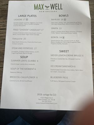 Menu Front at Max Well in New Orleans