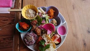 The 'Vegan Delight Plate'. This time it came with tacos, soy-meat karaage and various vegetable side dishes/pickles at Onwa in Nara