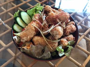Large portion of karaage bowl  at Onwa in Nara