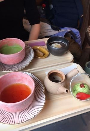 Matcha tea with biscuits and a red bean soup up the top, black Japanese tea with vegan gelato at the bottom.  at Onwa in Nara