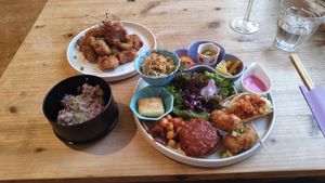 Vegan delight in the right (rice is a part of this dish) and karaage in the top left at Onwa in Nara