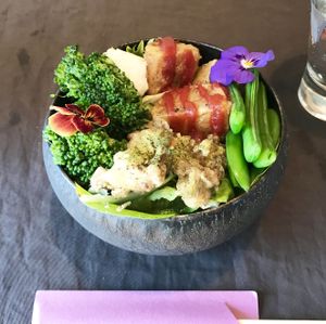 Abalone mushroom&organic Bamboo Templa with Spring Nara Vegitable over Beans Rice. at Onwa in Nara