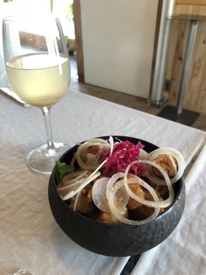 Karaage Bowl - Spicy garlic vegan fried soy meat & fresh vegetables over rice at Onwa in Nara