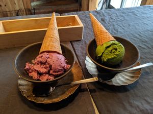 Vegan gelato: blueberry and matcha at Onwa in Nara