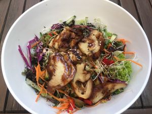 Mock Duck Buddha Bowl with Brown Rice at Tea Shrine in Alice Springs
