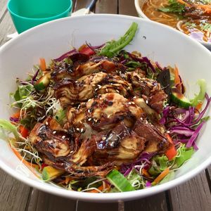 Mock duck and rice Buddha bowl  at Tea Shrine in Alice Springs