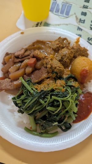 Vegan "pork belly", "mutton curry" and kailan with rice at Yuan Yuan 圓緣素食 - Chinatown in Central Singapore