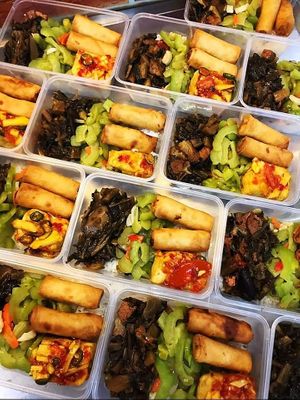 Today’s Menu: Braised Pork with salted Vegetable, Mini Spring Roll, Stir Fry Bittergourd, Thai Style Sauce Tofu, Bubur Cha Cha Dessert. at Yuan Yuan 圓緣素食 - Chinatown in Central Singapore