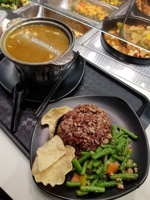 The mutton soup and the veggies getting more and more salty at AMK Hub - Vegetarian Stall in Northeast Singapore