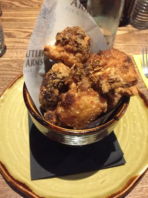 Cauliflower starter- delicious!  at The Butlers Arms in Blackburn