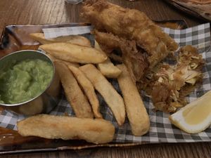 Vegan fish and chips  at The Butlers Arms in Blackburn