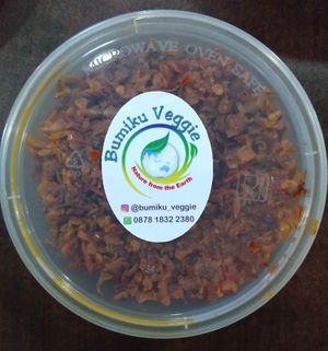 Vegan sambal ebi: chili, shitake, daikon, spices. Brought this back home with me. Add a little to bread, crackers, or cooked grains and it magically sends me back to Pontianak! at Bumiku Veggie in 